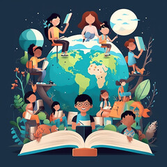 Literacy Day with People celebrate Literacy Day by reading books on the Earth. flat vector illustration. illustration vector isolated on white background. Generative by AI.