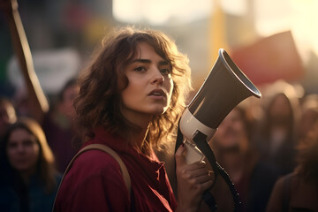 Woman in a Climate Change Protest Demonstration. Female Speaker Girl shouting in Megaphone. For Human Rights 