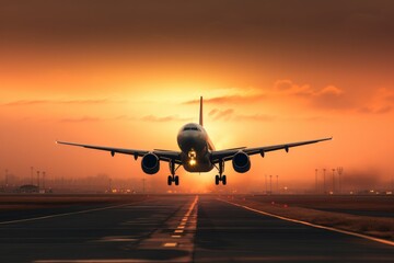 A large jetliner taking off from an airport runway at sunset or dawn with the landing gear down and the landing gear down, as the plane is about to take off