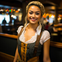 Wall Mural - Beautiful Oktoberfest waitress, wearing a traditional Bavarian dress. German traditional festival. Shallow field of view