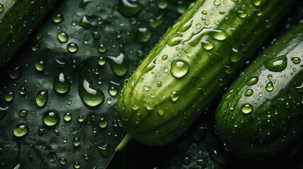 Close-up of cucumbers with water drops on dark background. Vegetable wallpaper