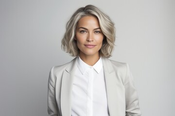 Portrait of mature beautiful woman with grey hairstyle and white top