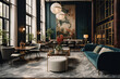 © Maksym - Capture the elegance of a boutique hotel in a startup workspace, with plush velvet seating, marble tabletops, and gold accents, creating a luxurious yet functional environment.'