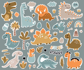 Canvas Print - Collection of stickers with cute dinosaurs.