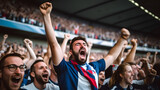 Fototapeta Sport - French fan, emotions overwhelm. Supporters cheer in bleacher in French rugby match 2023.