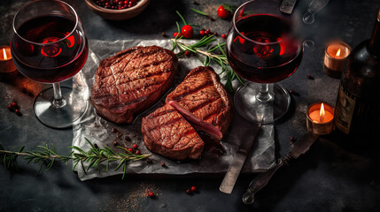 Dinner for two .Various degrees of roasted beef steak in the shape of a heart with spices and bottles of red wine with glasses on a stone background. valentines day celebration concept