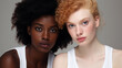 Portrait of two attractive fashion models with great skincare of all races. Generative AI