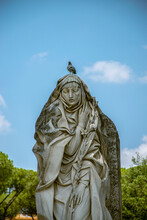 Statue In Rome With A Pigeon And Blue Sky