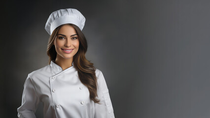 Wall Mural - Female chef wearing a white uniform smiling friendly, for background with copy space for text