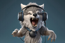 Funny Angry Wolf  With Headphones Listening To Music. 3d Illustration