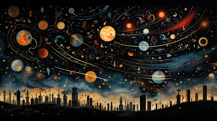 Wall Mural - Cultural Constellations: An abstract, night sky filled with constellations that are, upon closer inspection, made up of various cultural symbols and icons, twinkling in the darkness