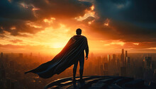 A Super Hero Wearing A Long Red Cape And Boots Standing On The Top Of A Tall Building Looking At A Metropolis City With The Sunset In The Background, Copy Space - Generative AI