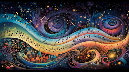 Lullabies of the world: Abstract representation of the melody lines of various cultural lullabies, illustrated in the form of a tapestry of flowing music notes