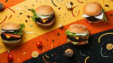 Burger Pattern For Print. Burger Packaging Design. Seamless Pattern, Fast Food Menu Product Background, Logo Wallpaper, Restaurant Burger. Generative Ai.