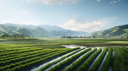 An agricultural valley with irrigated crops view from the sky. Created using Generative AI technology.