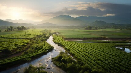 An agricultural valley with irrigated crops view from the sky. Created using Generative AI technology.