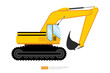 side view yellow excavator with a bucket vector illustration on white background. Isolated big heavy machinery equipment vehicle. Diesel digger flat cartoon construction and mining car icon