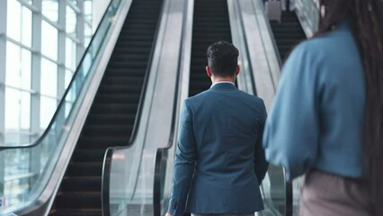 Canvas Print - Escalator, airport and business man with luggage for commute, travel and arrival in lobby. Modern building, professional trip and back of person walking with suitcase on electric stairs for journey