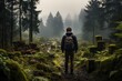 Ephemeral Pine Path: Capturing the Back View of an Explorer Amidst Towering Trees, Illuminating the Tranquility of the Trek Generative AI