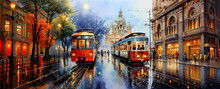 Old Tram In Dresden With Frauenkirche, Panorama, Mood, Wet Reflection, Shop Window, Lights, Watercolor Photo Realistic, Generative Ai