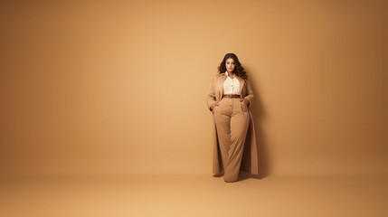 Plus size model posing on a beige background in stylish and modern clothes