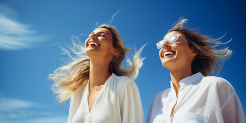 two happy women dressed in white clothes in summer in front of a cloudy blue sky