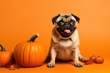 A Pug Dog Sitting Next To Pumpkins On An Orange Background