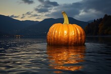 A Giant Pumpkin Floating On A Serene Lake