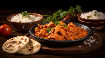 Wall Mural - Hot spicy chicken tikka masala in bowl. Chicken curry with rice, indian naan butter bread, spices, herbs. Traditional Indian/British dish, popular indian curry in UK