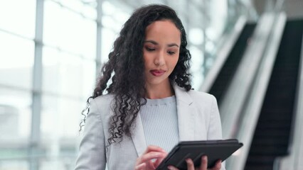 Poster - Thinking, tablet and business woman in office for internet, research and online planning in terminal or lobby. Corporate worker, connection and person on digital tech for project, data and website
