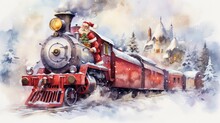 Santa's Christmas Train In Winter , Watercolour Background