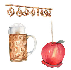 Wall Mural - Watercolor illustration of an apple,beer and bagels. Bavarian traditional pretzel. Oktoberfest symbol.Hand drawn with watercolor perfect for wedding invitation, greetings card, posters.