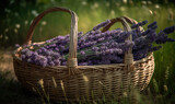 Fototapeta Lawenda - Natural landscape, lavender in a basket in a field.