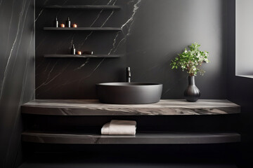 Wall Mural - Black bathroom interior design, round countertop basin on black marble counter with wall shelf in modern luxury minimalist style washroom.