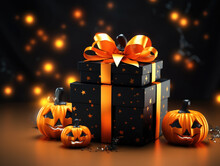 Black And Gold Gifts On The Background Of Pumpkins. Black Gift Boxes With Gold Ribbon. Halloween Pumpkins. Orange Bow. Black Gift With Stars On Background Of Light Bulbs.