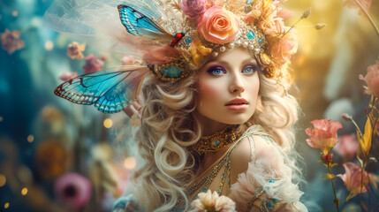 Wall Mural - Beautiful fairy with wings in a fantasy magical enchanted forest with butterflies. fairy magic goddess nature transparent wings. generative ai	