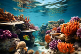 Fototapeta Do akwarium - Beautiful scenery of underwater coral reefs shining in the sunlight from the sky. The concept of ecology. 
