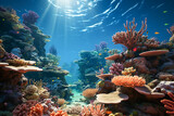 Fototapeta Do akwarium - Beautiful scenery of underwater coral reefs shining in the sunlight from the sky. The concept of ecology. 