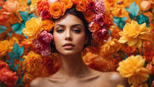 Beautiful Girl With Flowers. Stunning Brunette Girl With Big Bouquet Flowers Of Roses. Closeup Face Of Young Beautiful Woman With A Healthy Clean Skin. Pretty Woman With Bright Makeup