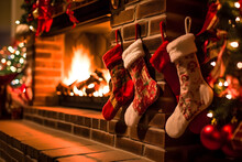 Christmas Socks Hanging On A Fireplace In The Background Of A Decorated Christmas Tree. AI Generative