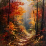 Fototapeta Natura - A vibrant autumn forest, ablaze with hues of red, orange, and gold, capturing the beauty of nature's transformation - Generative AI