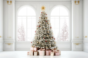 christmas tree and gift boxes in light white room interior