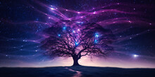 Abstract Tree At Night With Starry Sky In Purple Blue Lights