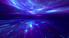 Celestial Night Sky Above Calm Or Frozen Lake With Reflections. Abstract Fractal Art Background.