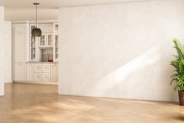 Wall Mural - Modern interior design of apartment, kitchen, empty living room with beige wall, panorama. 3d rendering