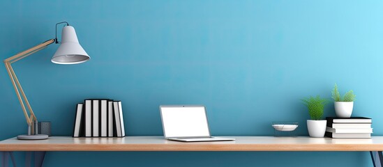 Leinwandbilder - Blue wall in home office for mockup or copy space