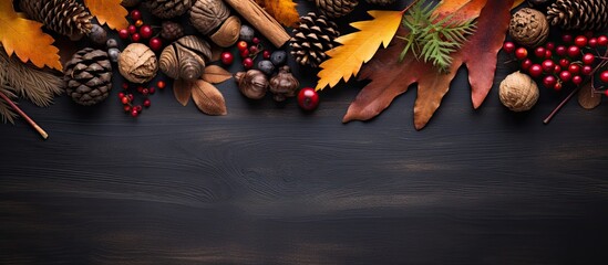 Wall Mural - Overhead view of autumn elements on rustic banner background