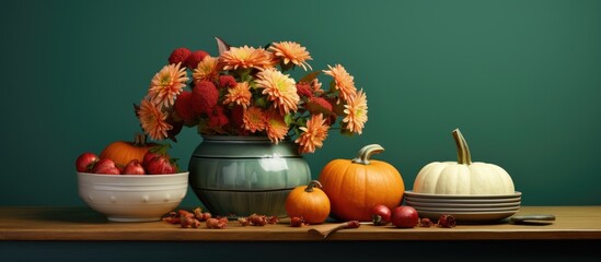 Poster - Fall themed table decor featuring pumpkins flowers and a green wall nearby