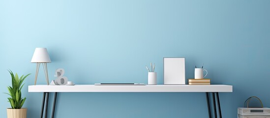 Leinwandbilder - Blue wall in home office for mockup or copy space
