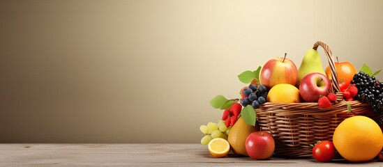 Poster - Fruit filled wicker basket on table for writing